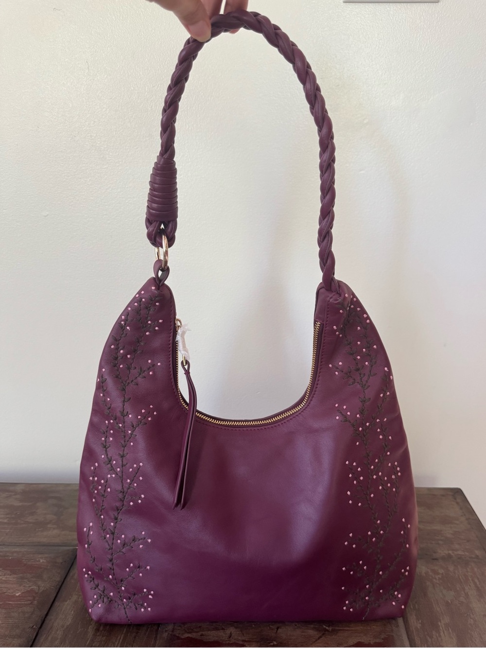 Coldwater Creek Wandering Thyme maroon leather hobo floral embroidered bag